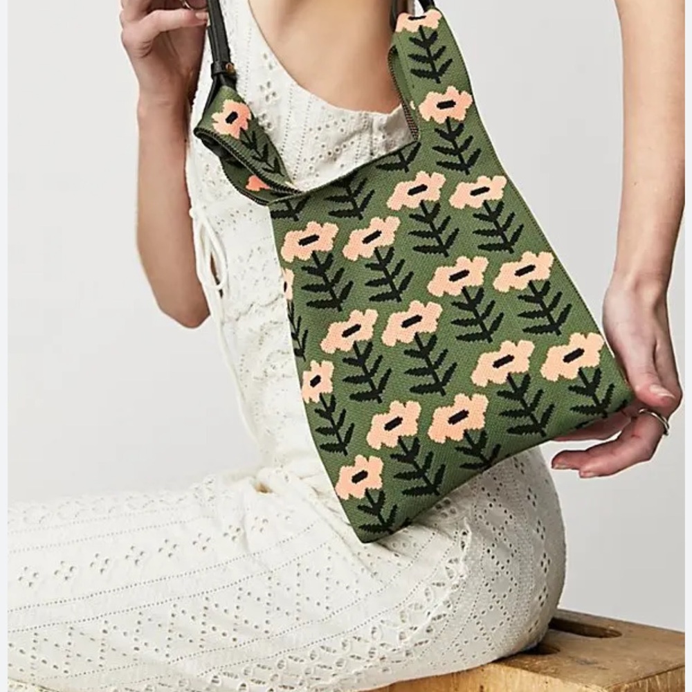 Free People Olive Green Floral Shoulder Bag with Peach Flowers
